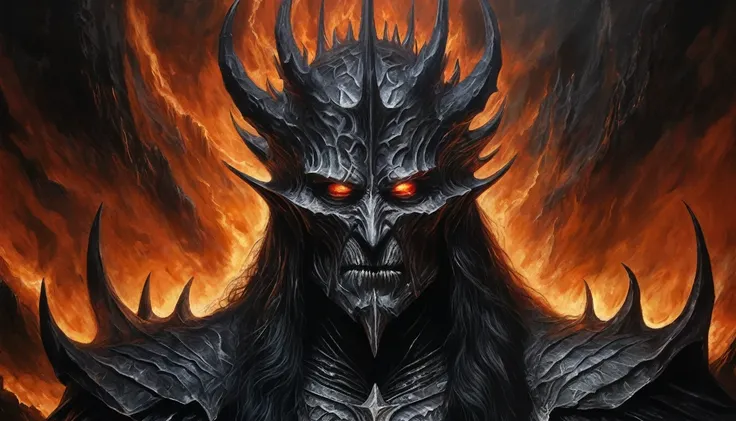 Morgoth from LotR, ClassipeintXL oil painting detailed portrait of the dark ruler Sauron in Mordor, umgeben von Flammen, Symmetrie, teuflisch, Bosheit, Hass, masterpiece, Full HD, high quality