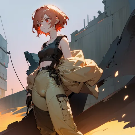 1female, adult, finely detailed red eyes, wavy short hair, pale cream hair, bikni top, baggy army combat pants, standing on ruined building, night time, serious expression