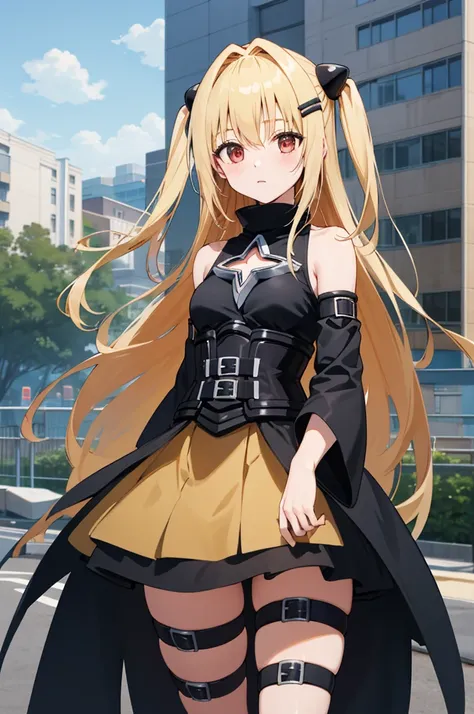 masterpiece, best quality, highres, aayami, very long hair, two side up, hair ornament, bare shoulders, black dress, clothing cutout, detached sleeves, belt, thigh strap, standing, cowboy shot, outdoors, building,