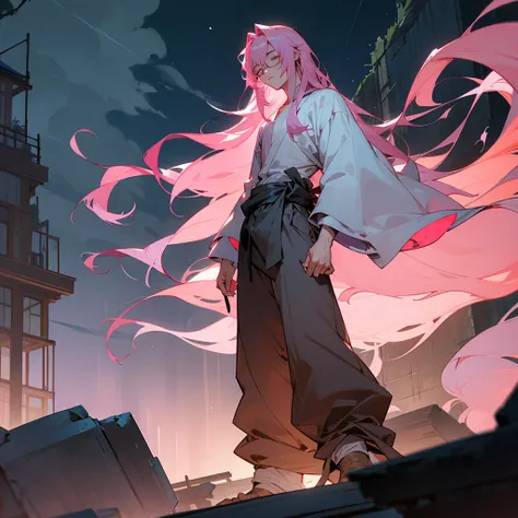 1male, adult, closed eyes, wild long hair, rose quartz hair color, loose haori, baggy pants, standing on ruined building, night time, somber expression, muscular, scars, glasses