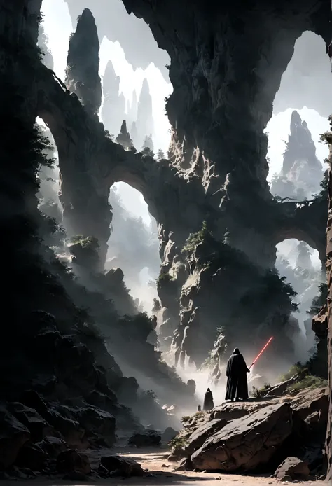 star wars art,ultra wide shot, RAW, photorealistic, a picture of (1single: 1.5) Darth vader, wearing (black cloak: 1.1), armed with a (lightsabre: 1.3), , standing a dark stone alien temple, within star wars esque forest, with twisted vines, and epic rock ...