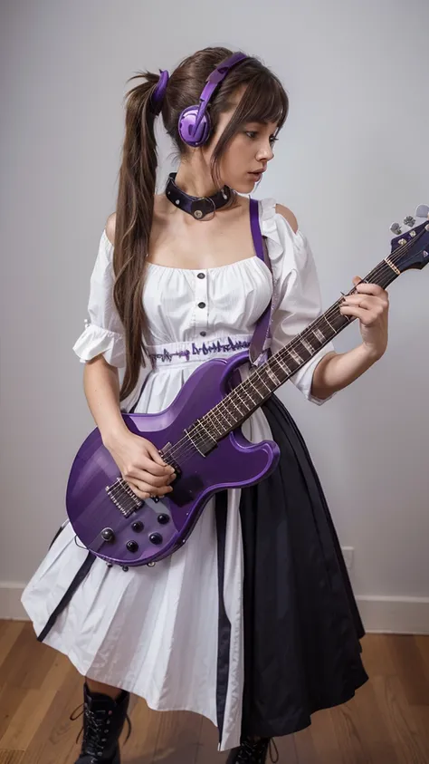 ((masterpiece, best quality))1girl, solo, fashion purple dress modern future, electric guitar, headphones, ponytail, holding, holding plectrum, instrument, very long brown hair, music, one side up, teal hair, twin tails, playing guiter, pleated long skirt ...