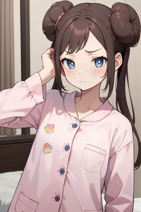 masterpiece,best quality,1girl,ro1,hair bun,blue eyes,twintails,pink pajamas,bedroom,sleepy,light frown,