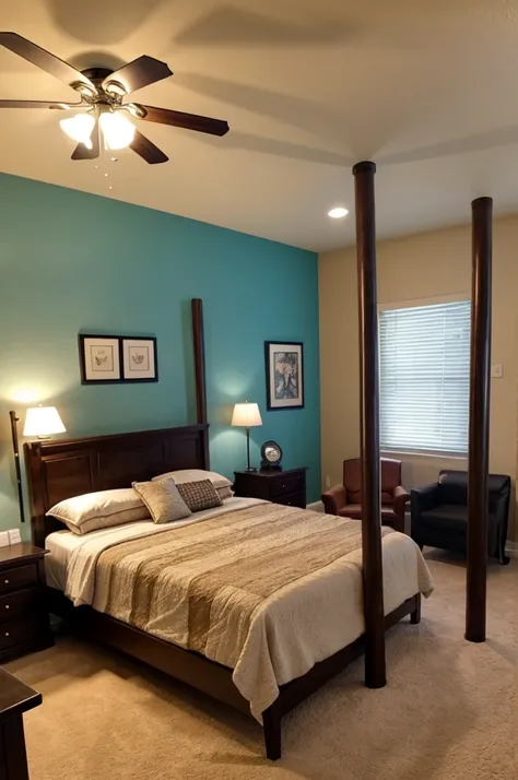 a fancy bedroom with a cat scratch pole in the backround