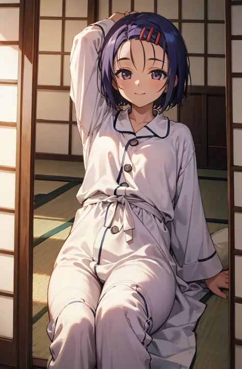 (masterpiece, best quality, detailed), 1girl, solo, aaharuna, short hair, hairclip, forehead, looking at viewer,
pajamas, sleepy, nightcap, indoors, tatami, sliding doors, cushion, electric fan, kotatsu, lying, on back, arms behind head, smile, closed mout...