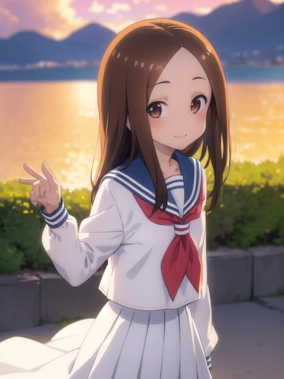 score_9, score_8_up, score_7_up, BREAK, masterpiece, best quality,1girl,takagi1,overexposure, bokeh, depth of field, atmospheric lighting, outdoors, light particles, glow, shiny, sky, light rays, sunlight,
sailor collar, red neckerchief, sailor shirt, whit...