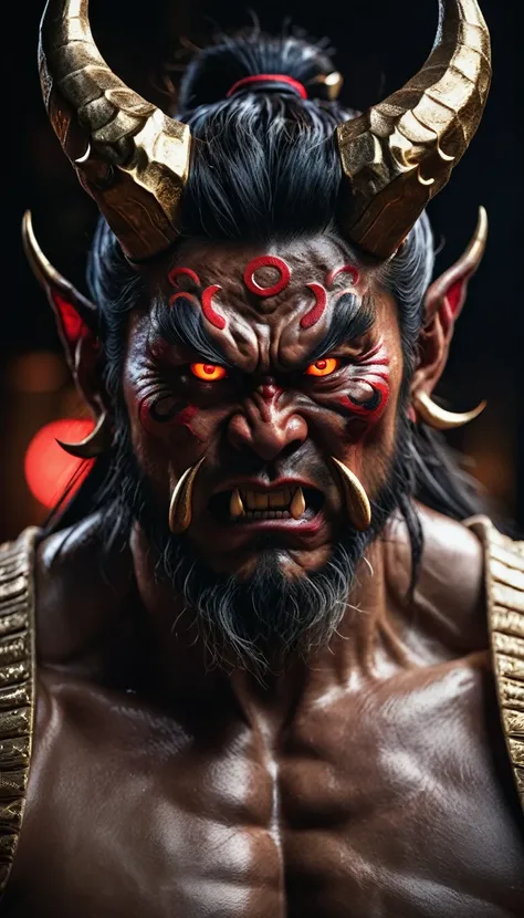 Realistic oni, intense expression, detailed skin texture, menacing aura, traditional Japanese attire, glowing red eyes, muscular build, intricate horns, dark background, cinematic lighting, high detail, photorealistic, ultra HD,He had a gold bar