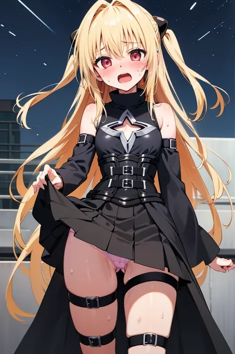 masterpiece, best quality, highres, aayami, very long hair, two side up, hair ornament, bare shoulders, black dress, clothing cutout, detached sleeves, belt, thigh strap, standing, cowboy shot, outdoors, night,blush,sweating,open mouth,(((lift skirt,pantie...