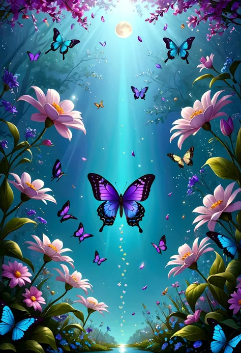 The background is greenblue,moon light,All expressed with jewels, the arrival of spring, various beautiful flower
, Beautiful purple swallowtail butterfly,angles looking up from below, various jewels falling from the sky, wonderful and beautiful superb vie...