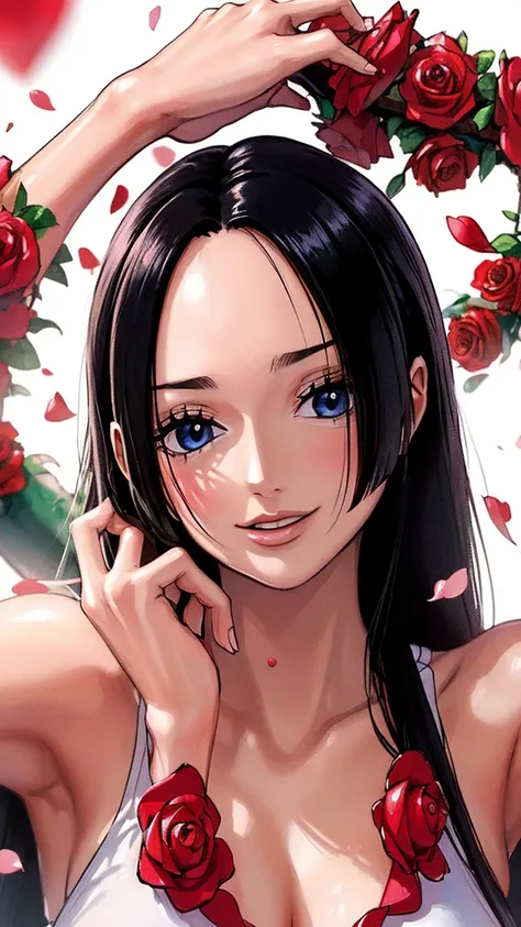 best quality, masterpiece, highly detailed,1girl,  ((rose)), (vine), cage, bandage, red rope, (detail light), falling rose petals, Boa Hancock, (nsfw:1.3), (masterpiece:1.5), Detailed Photo, Smiling, Sexy, (8K, Best Quality: 1.4), (1girl), Beautiful Face, ...