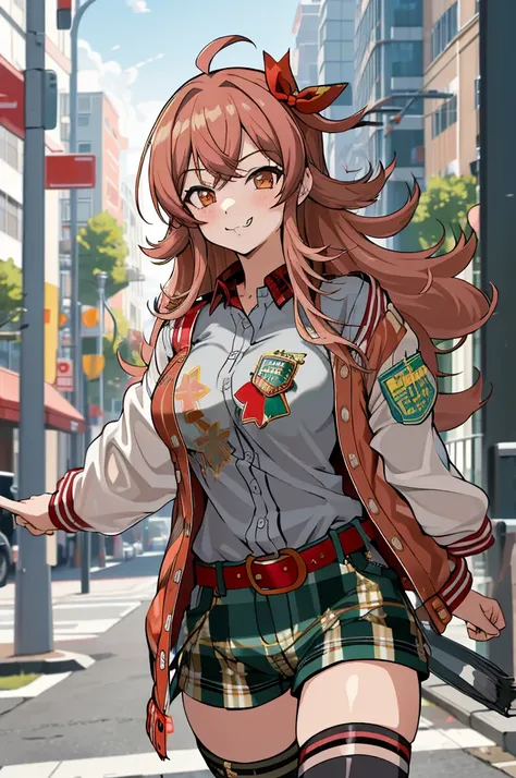 masterpiece, best quality, highres, aakaho, long hair, ahoge, hair ribbon, red ribbon, letterman jacket, long sleeves, armband, open jacket, collared shirt, grey shirt, red belt, green shorts, plaid, black thighhighs, street, walking, cowboy shot. :p,(((gy...