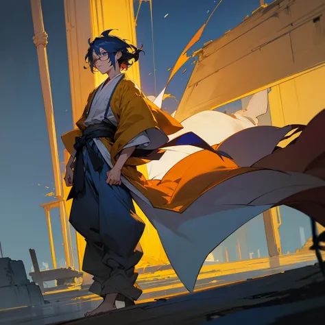 1male, adult, finely detailed blue eyes, wild medium hair, saffron hair color, loose haori, baggy pants, standing on ruined building, night time, somber expression, muscular, scars, glasses