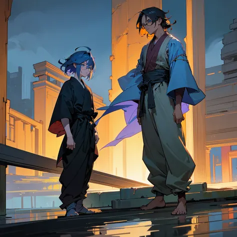 1male, adult, finely detailed blue eyes, wild medium hair, saffron hair color, loose haori, baggy pants, standing on ruined building, night time, somber expression, muscular, scars, glasses