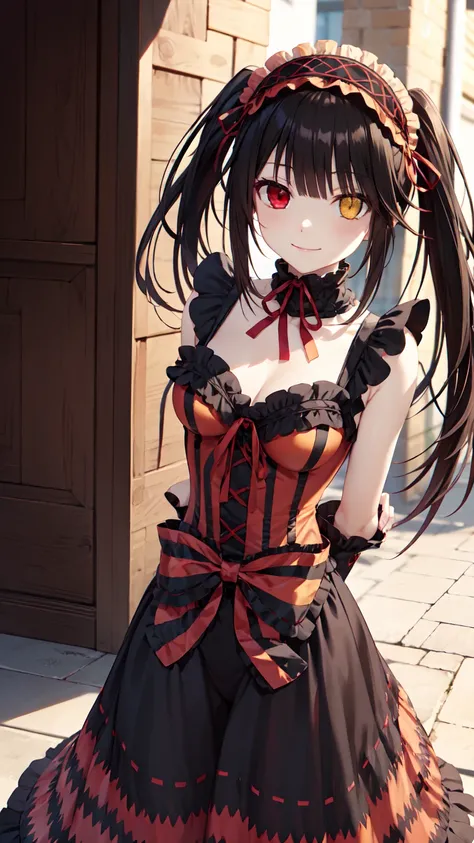 masterpiece, The best quality、street、Put your arms behind your back、Black Hair, Long twin tails bunches, (Yellow eyes:1.2), Heterochromia iridum, (Red Eyes:1.2),Tokisaki Kurumi、Smile,Gothic Lolita Clothing Accessories、victorian maid tiara、Black Ribbon、Shut...