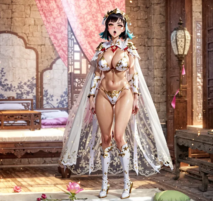 Female magician, extremely short hair, Sexy gold and white bikini, Long-legged girl, Put on your boots, ,full body xianxia, Huge breasts，Looks very slutty, Slut&#39;s face, Strong sexual desire，Sexual thirst，fantasy服装, Transparent underwear, Lace underwear...