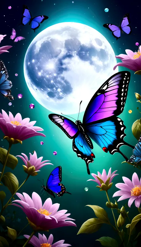 The background is greenblue,moon light,All expressed with jewels, the arrival of spring, various beautiful flower
, Beautiful purple swallowtail butterfly,angles looking up from below, various jewels falling from the sky, wonderful and beautiful superb vie...