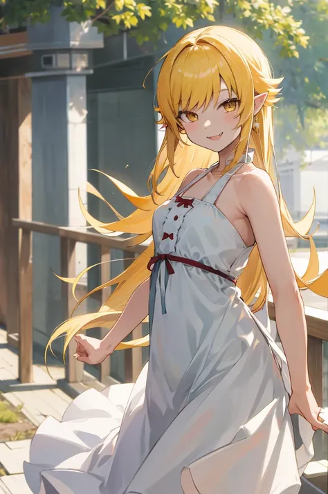 masterpiece, best quality, highres, aashinobu, aged down, long hair, pointy ears, white dress, standing, cowboy shot, smile, fan...