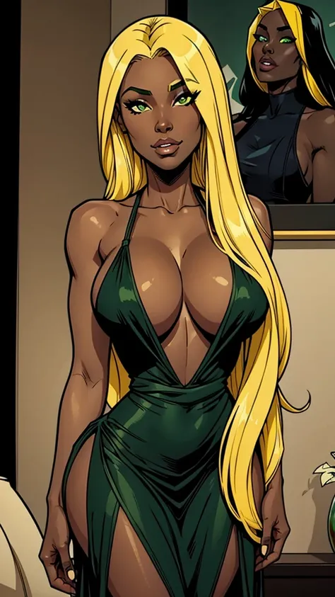 Brazilian ebony girl, black skin. She wears a elegant green dress. Long straight yellow hair. busty. Most beautiful woman in the world. Comic style. Dark skin