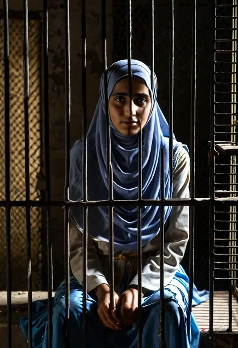 Kurdish girl in straight hijab sitting behind shutter prisoned prison cage abandoned room dark room portrait 