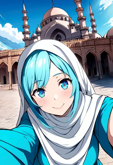 High-resolution anime digital art, Masterpiece, Mature, Humble, Kind, Smart, pupil Aqua blue eyes, wearing white hijab, Wearing long cyan dress, Womens white fabric gloves, female black shoes, happy face, vivid colours, taking selfie in front of a majestic...