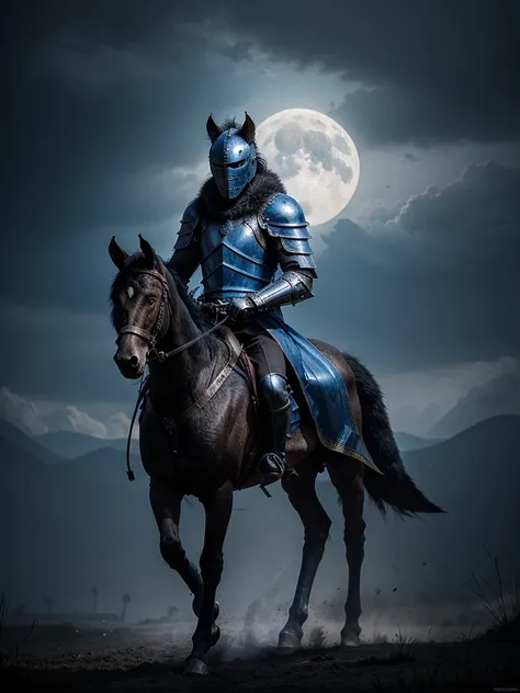 Generate an image of a knight in blue armor, facing forward, wearing a wolf fur coat, atop a horse, by day, in the style of dark fantasy art, in the style of atmospheric paintings, airbrush art