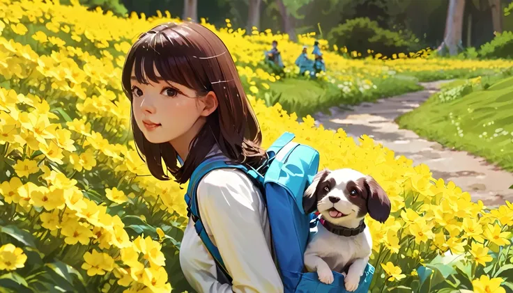 tips: very attractive girl with backpack and cute puppy、enjoying a lovely spring outing surrounded by beautiful yellow flowers a...