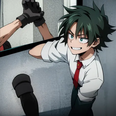 1boy, male focus, boku no hero academia, masterpiece, best quality, very aesthetic, absurdres, short curly hair, dark green hair, lime green eyes, devilish grin, gray jacket, red tie, white shirt, teal pants, boots 