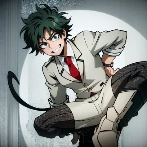 1boy, male focus, boku no hero academia, masterpiece, best quality, very aesthetic, absurdres, short curly hair, dark green hair, lime green eyes, devilish grin, gray jacket, red tie, white shirt, teal pants, boots 