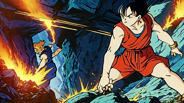 create an image of goku and bulma fighting at 100% of their power in a completely destroyed environment.