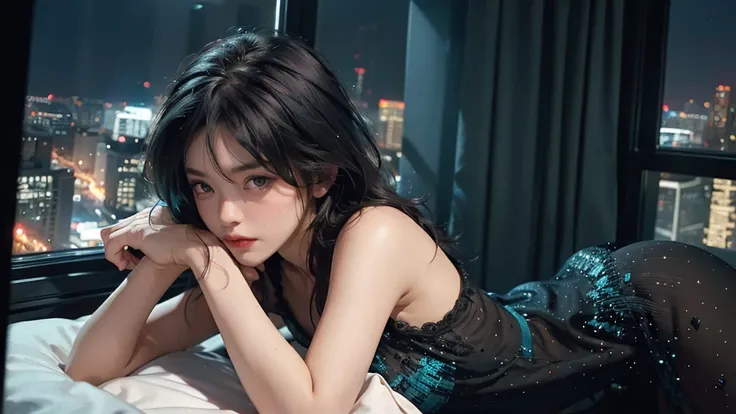 ((High quality, 8k, perfect quality, realistic)), beautiful, perfect face, gazing out the window, nighttime, ((dark room)), Before sleeping, restless, short nightgown, staring at the window, city night view, hair color black and cyan, night city