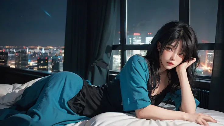 ((High quality, 8k, perfect quality, realistic)), beautiful, perfect face, gazing out the window, nighttime, ((dark room)), Before sleeping, restless, short nightgown, staring at the window, city night view, hair color black and cyan, night city