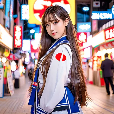 Korean girl, long hair, wearing japan uniform, poses to camera, Anime style