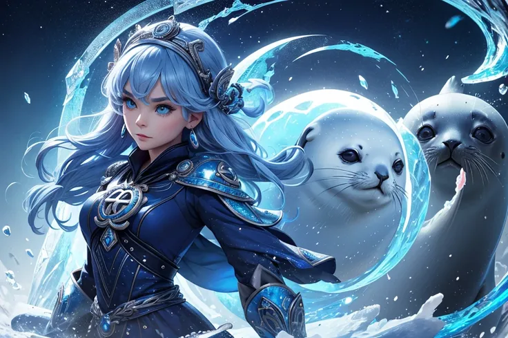 beautiful humanoid seal, detailed seal face, powerful seal mage, Chanel hairstyle, mighty seal mage, mythical, best quality, beautiful, extremely powerful, seal, majestic seal, seal goddess, icy seal, lovely seal, magnificent seal