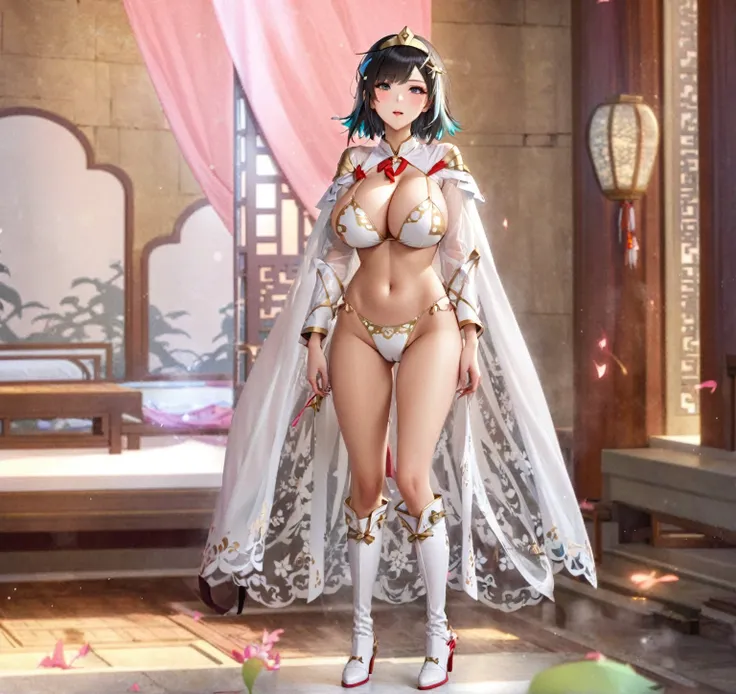 Female magician, extremely short hair, Sexy gold and white bikini, Long-legged girl, Put on your boots, ,full body xianxia, Huge breasts，Looks very slutty, Slut&#39;s face, Strong sexual desire，Sexual thirst，fantasy服装, Transparent underwear, Lace underwear...