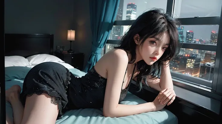 ((High quality, 8k, perfect quality, realistic)), beautiful, perfect face, gazing out the window, nighttime, ((dark room)), Before sleeping, restless, short nightgown, staring at the window, city night view, hair color black and cyan, night city