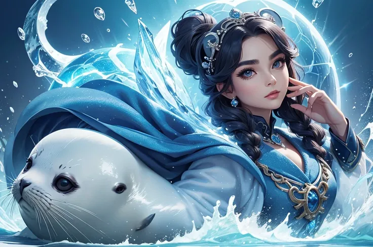 seal, detailed seal face, powerful seal mage, Chanel hairstyle, mighty seal mage, mythical, best quality, beautiful, extremely powerful, seal, majestic seal, seal goddess, icy seal, lovely seal, magnificent seal