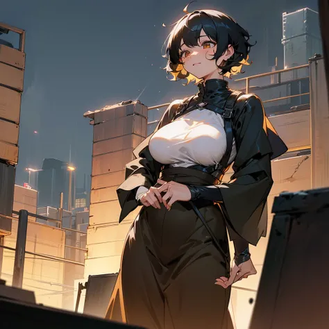 1female, adult, sexy, big breast, finely detailed honey eyes, curly short hair, black hair color, open yukata, standing on ruined building, night time, excited expression,