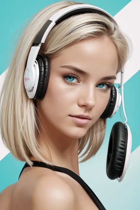 A blonde, pretty girl with white skin, white and black swirls in her eyes in a pink bikini. She has headphones on, wh her eyes are swirly, like she is hypnotized. She is hypnotized, and music notes are coming from the headphones. Her eyes are white and bla...