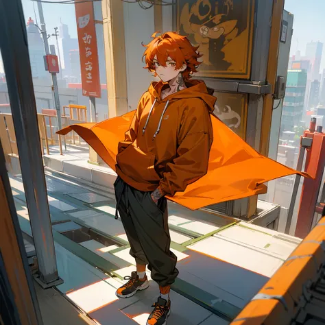 1male, adult, finely detailed honey eyes, wild medium hair, orange hair color, hoodie, baggy pants, standing on building, day time, tokyo streets, calm expression, muscular, tattoos