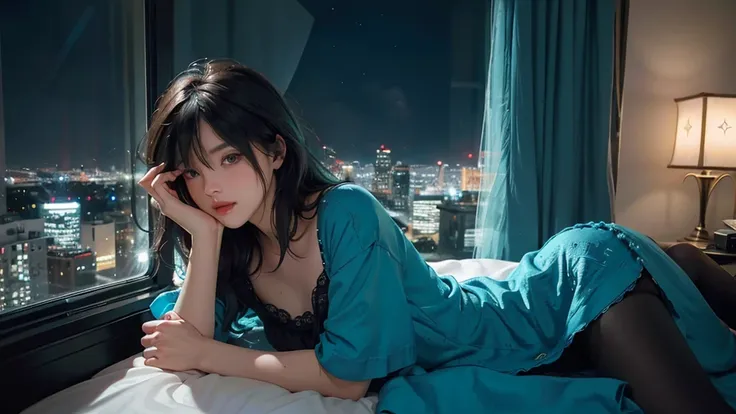 ((High quality, 8k, perfect quality, realistic)), beautiful, perfect face, gazing out the window, nighttime, ((dark room)), Before sleeping, restless, short nightgown, staring at the window, city night view, hair color black and cyan, night city