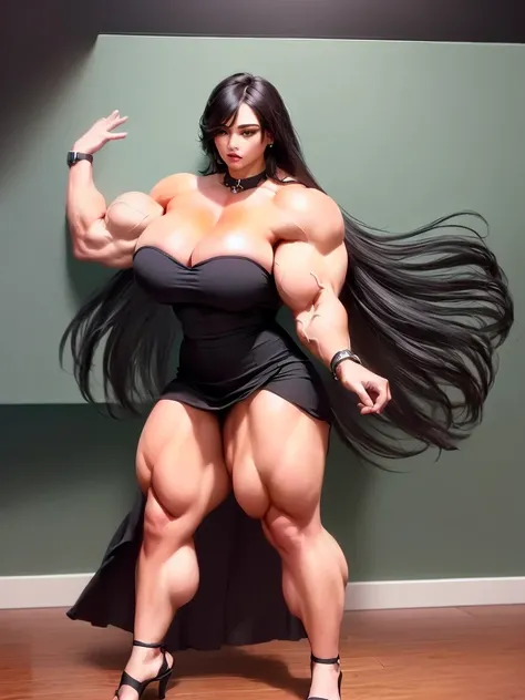 arafa woman posing in a black dress and high heels with a watch in the background, muito bonito. big muscles, exaggeratedly large physique, huge muscles, huge muscles, garota musculosa, mulher  muscular, big muscles, big muscles, feminine and muscular, pod...