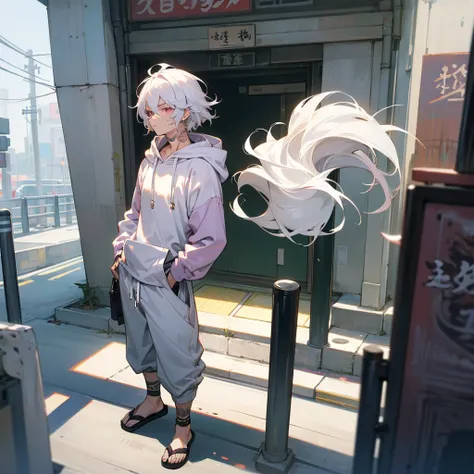 1male, adult, finely detailed plum eyes, wild medium hair, seashell white hair color, hoodie, baggy pants, standing on building, day time, tokyo streets, calm expression, muscular, tattoos