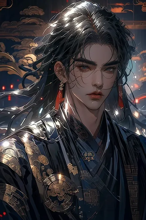 a man in a black robe, young and handsome man, ponytail, long hair, ancient chinese clothing, qi, a huge saber, ancient chinese ...