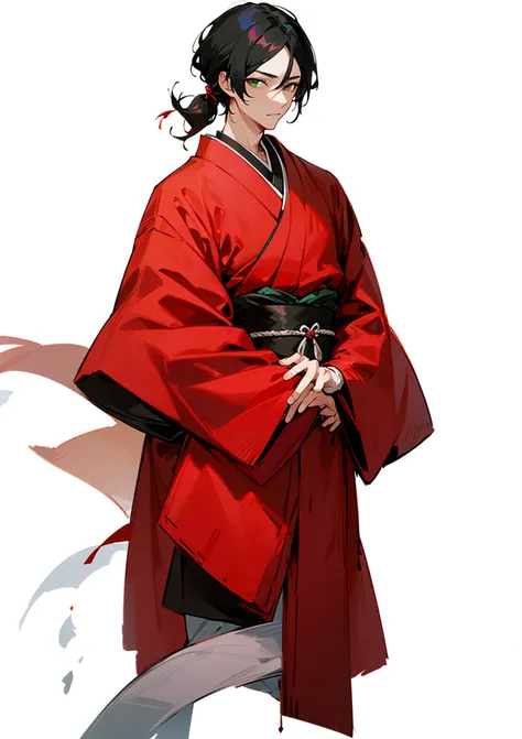 Japanese nobleman wears red clothes, green eyes, black hair.