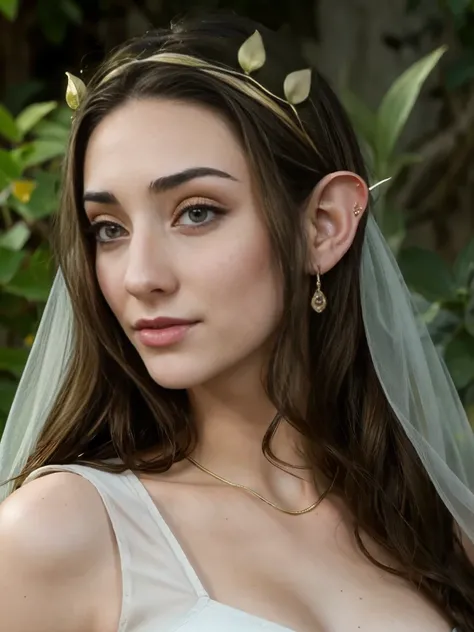 Extremely busty thin and toned brunette elf maiden, elegant woman, fair skin, loose updo, soft face, elf ears, athletic, see-through white dress, jewelry, bangles, gold accessories. detailed background, elvish garden, pavilion, elf city.