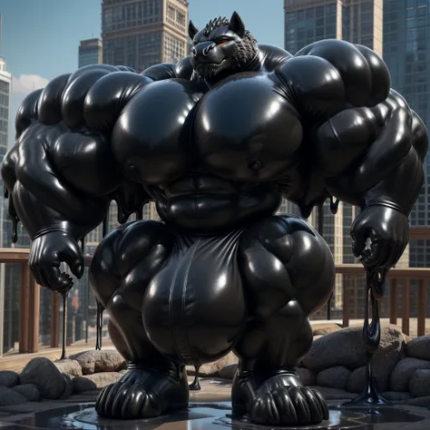 solo, male, , , ,  (hyper pecs:1.2), （long thick thighs:1.5）, standing, indoor,，(，,(,solo,very hyper muscles:1.3)((, Huge bulge：1.3))）（corruption)), black glowing liquid，（((liquid_latex, , rubber:1.2)，,black latex，goo transformation，(gooey)()(l），unreal eng...