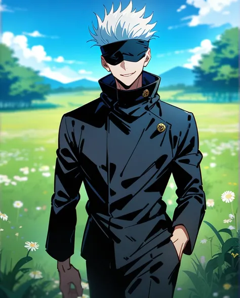 masterpiece, best quality, 1boy, gojou satoru, jujutsu kaisen, white hair, short hair, blindfold, black jacket, black pants ,high collar, long sleeves, shoes, upper body, smile, looking at viewer, solo, blue sky, meadow background , beautiful blue lights i...