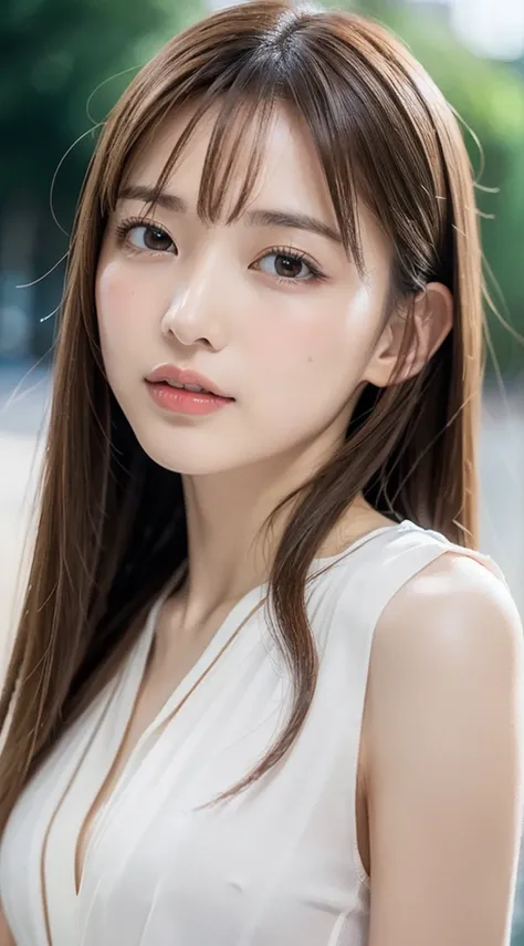 1womanl, up of face, mideum breasts, light brown hair, Blunt bangs, hair behind ear, hair over shoulder, Long hair, slender body shape, Ultra Fine Face, Thin face, Delicate lips, Beautiful eyes, thin blush, eyes are light brown, perfect glossy skin, flawle...