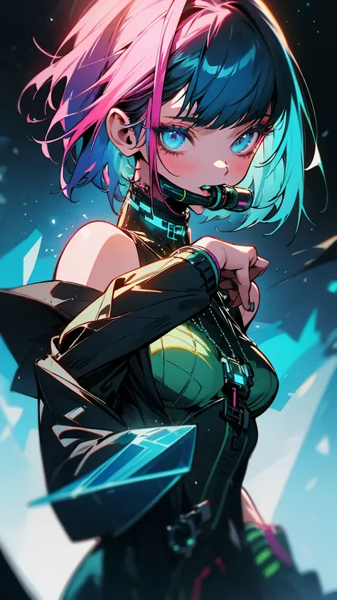 1girl, solo, lucy \(cyberpunk\), cyberpunk \(series\), asymmetrical hair, short hair, blue hair, green hair, pink hair, multicol...