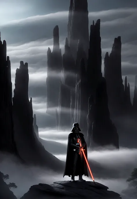 star wars art,ultra wide shot, RAW, photorealistic, a picture of (1single: 1.5) Darth vader, wearing (black cloak: 1.1), armed with a (lightsabre: 1.3), , standing a dark stone alien temple, within star wars esque forest, with twisted vines, and epic rock ...